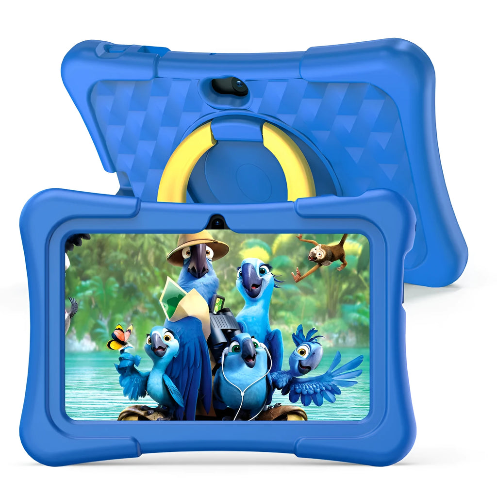 Blue children's 7-inch tablet with a silicone cover attached, showing its integrated rotation handle on the back.