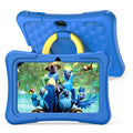 Blue children's 7-inch tablet with a silicone cover attached, showing its integrated rotation handle on the back.