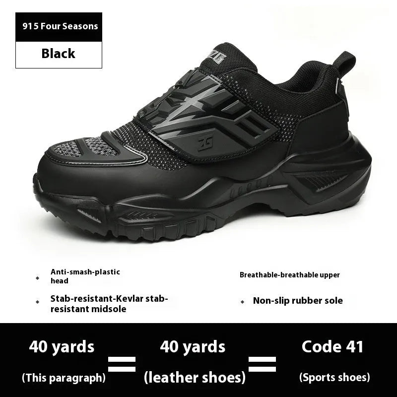 Black steel toe cap safety shoes with mesh fabric upper and felt buckle closure
