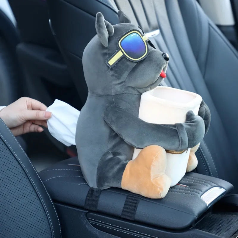 Plush hanging car tissue box for vehicle armrest with canine design options