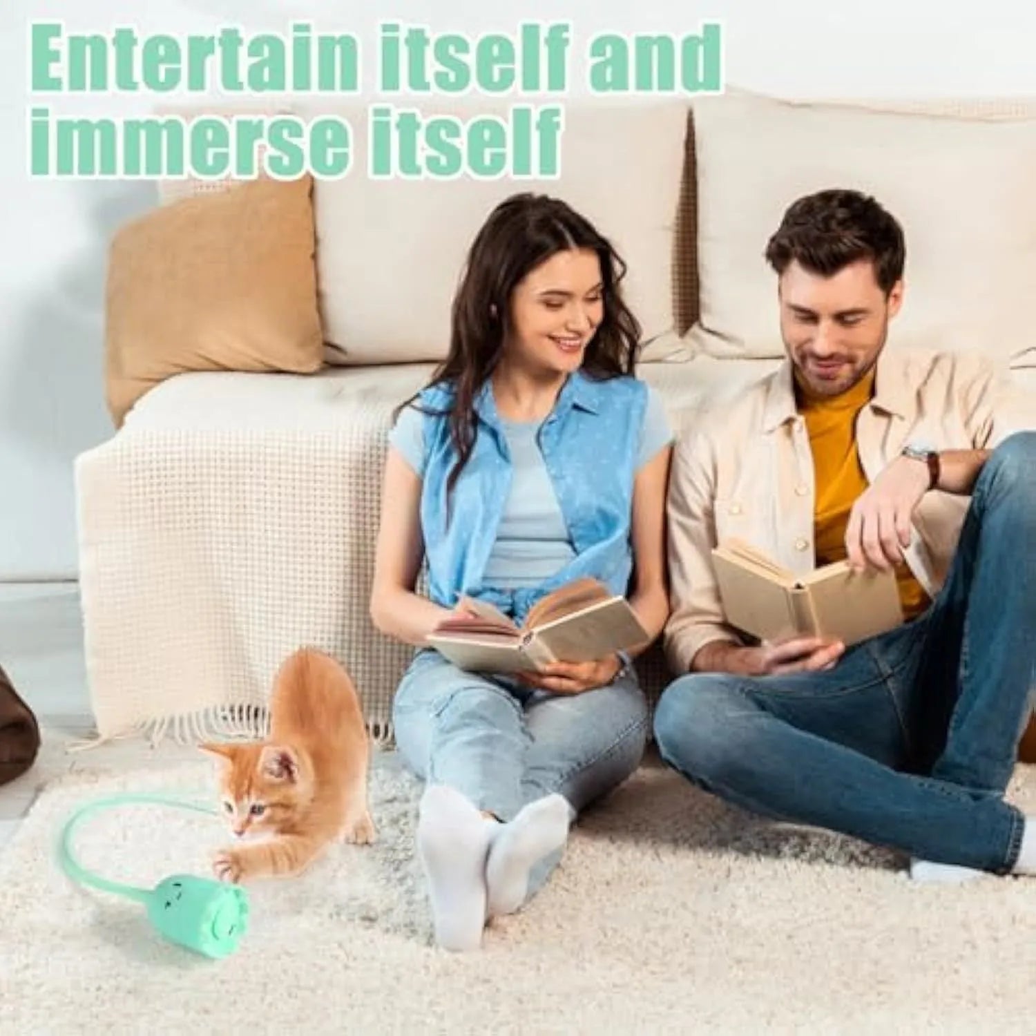 Green automatic cat toy with swinging silicone tails on 38cm wand for indoor feline play