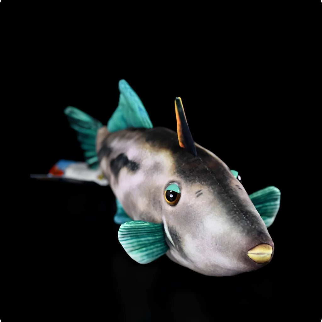 Simulation green fin pufferfish plush toy 42cm flannel stuffed animal on white background