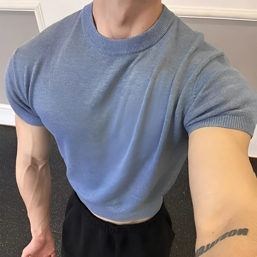 Men's knitted slim fit short sleeve t-shirt with thread cuff-closing in solid colour options