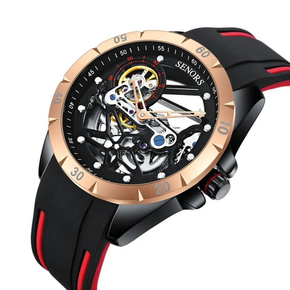 Men's rose gold automatic skeleton watch showing mechanical movement through hollow dial
