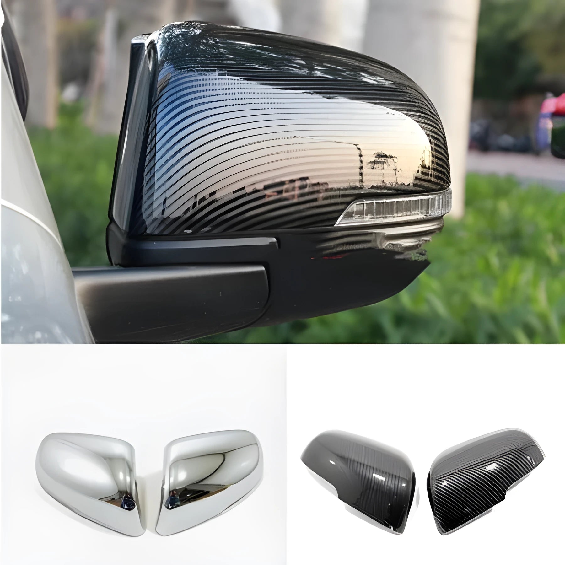 Car rearview mirror protection cover with tremella pattern in plastic construction showing shell and rain brow fitting styles