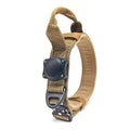Tactical waterproof dog collar in khaki with a metal D-ring on a grey background.
