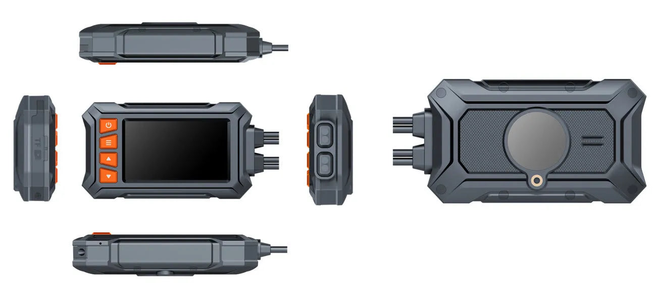 Motorcycle dual lens GPS tachograph dash cam recorder with display, two cameras, and GPS module.
