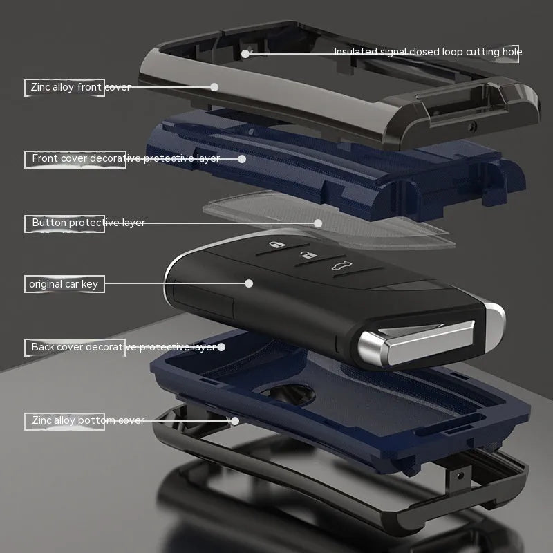 Ling Zhi car key protective case in zinc alloy and TPU, shown in multiple colour options.