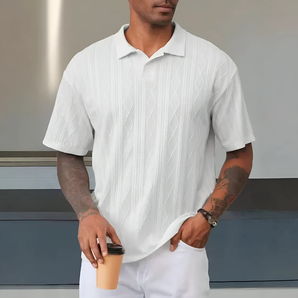 Retro button lapel short sleeve t-shirt in a cotton blend fabric, shown in a solid colour with a slit detail.