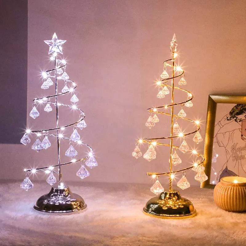 Gold crystal Christmas tree LED light with warm glow, star topper, 33cm tall, on a tabletop