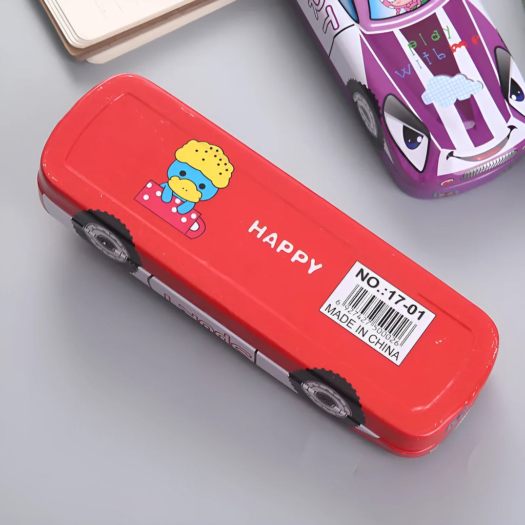Tinplate racing car shaped double-layer stationery box pencil case with cartoon patterns