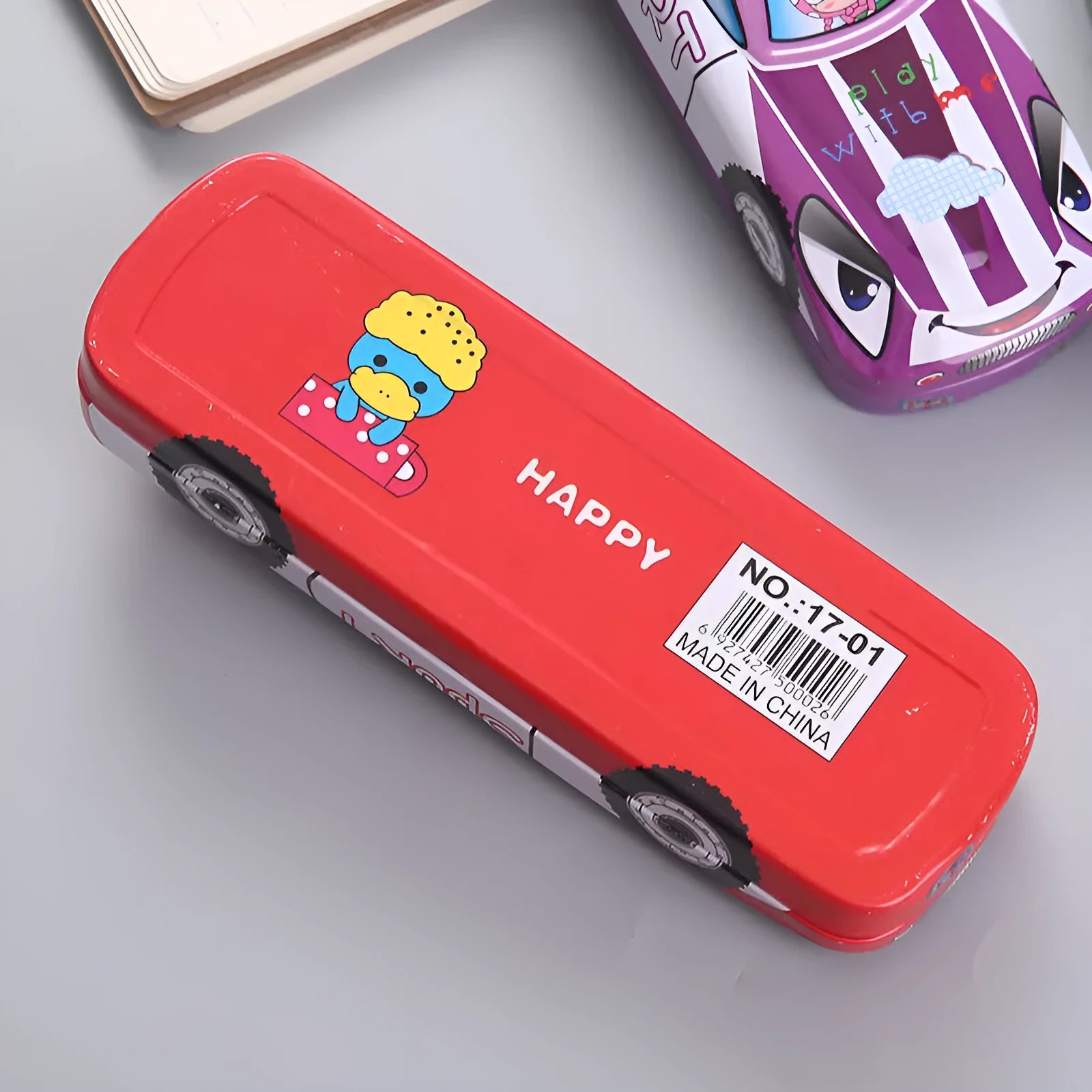 Tinplate racing car shaped double-layer stationery box pencil case with cartoon patterns
