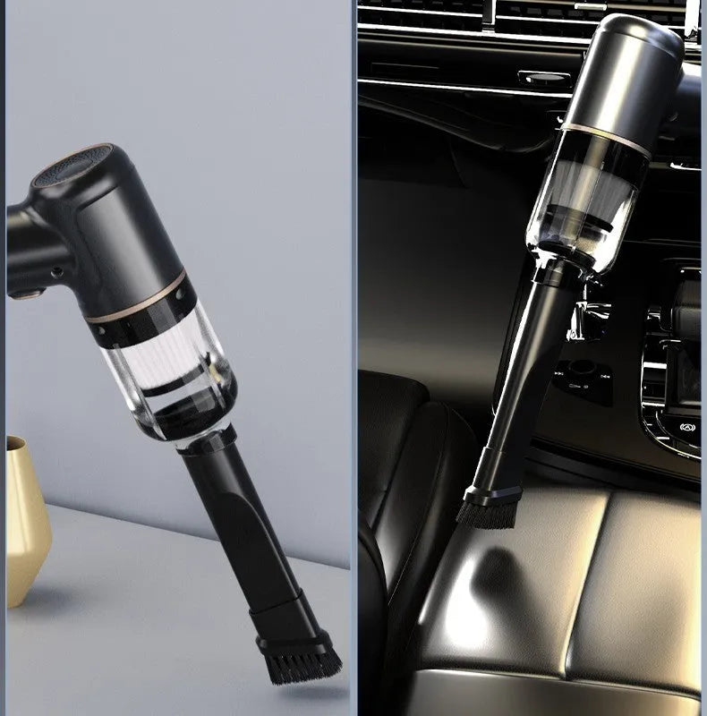 Black wireless handheld car vacuum cleaner with multiple nozzle attachments on charging cable