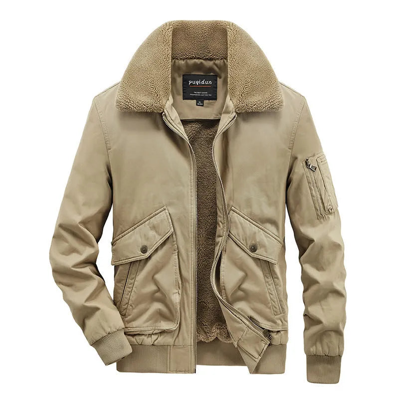 Men's winter cotton-padded fleece jacket in khaki, loose fit, sizes M to 5XL