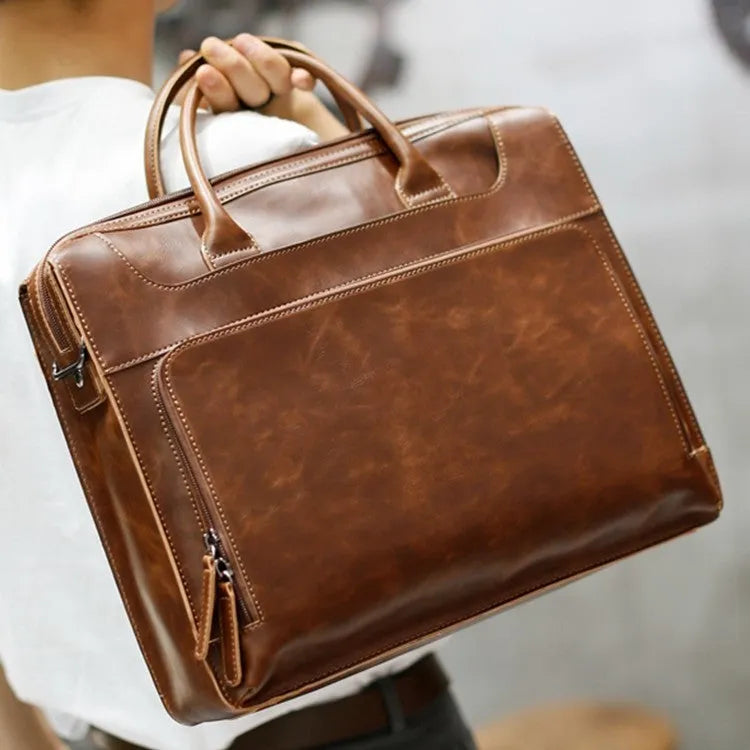 Genuine cowhide leather men's handbag coffee colour Japan Korea style with zipper closure and 14 inch laptop capacity