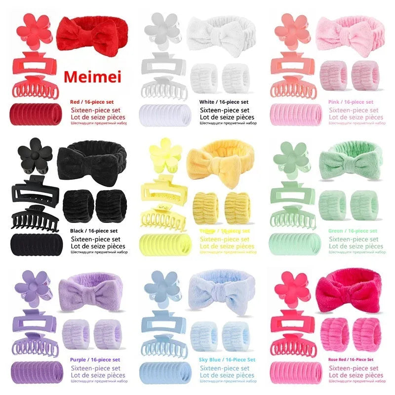 16-piece plaid bow hair band set with wrist strap and barrettes in nine colours including pink and blue.