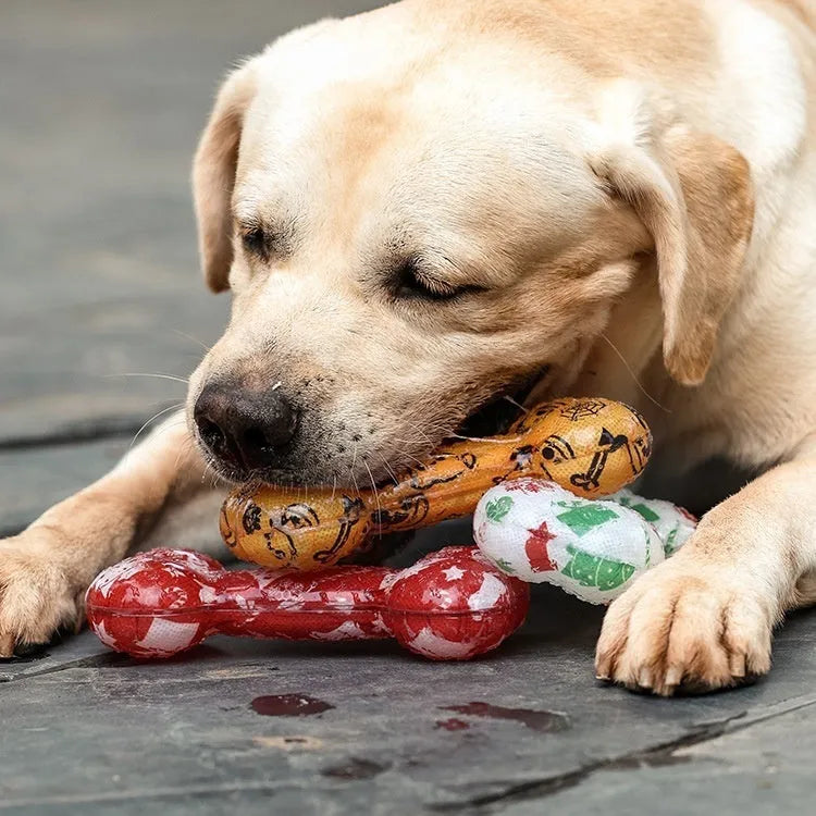 TPR dog nibbling sound toy with printed bone pattern in Christmas red colour