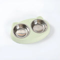 Blue plastic double-bowl pet feeder with non-slip rubber feet for cat or small dog food and water
