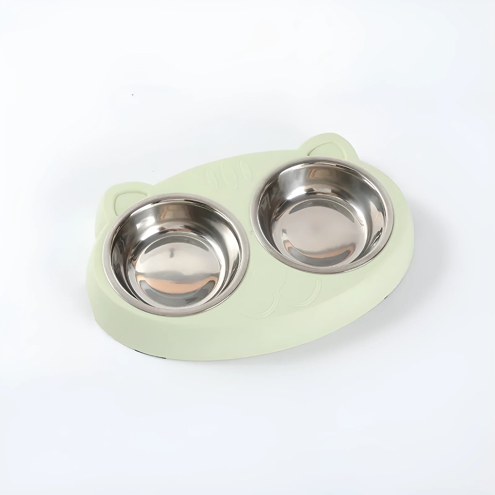 Blue plastic double-bowl pet feeder with non-slip rubber feet for cat or small dog food and water