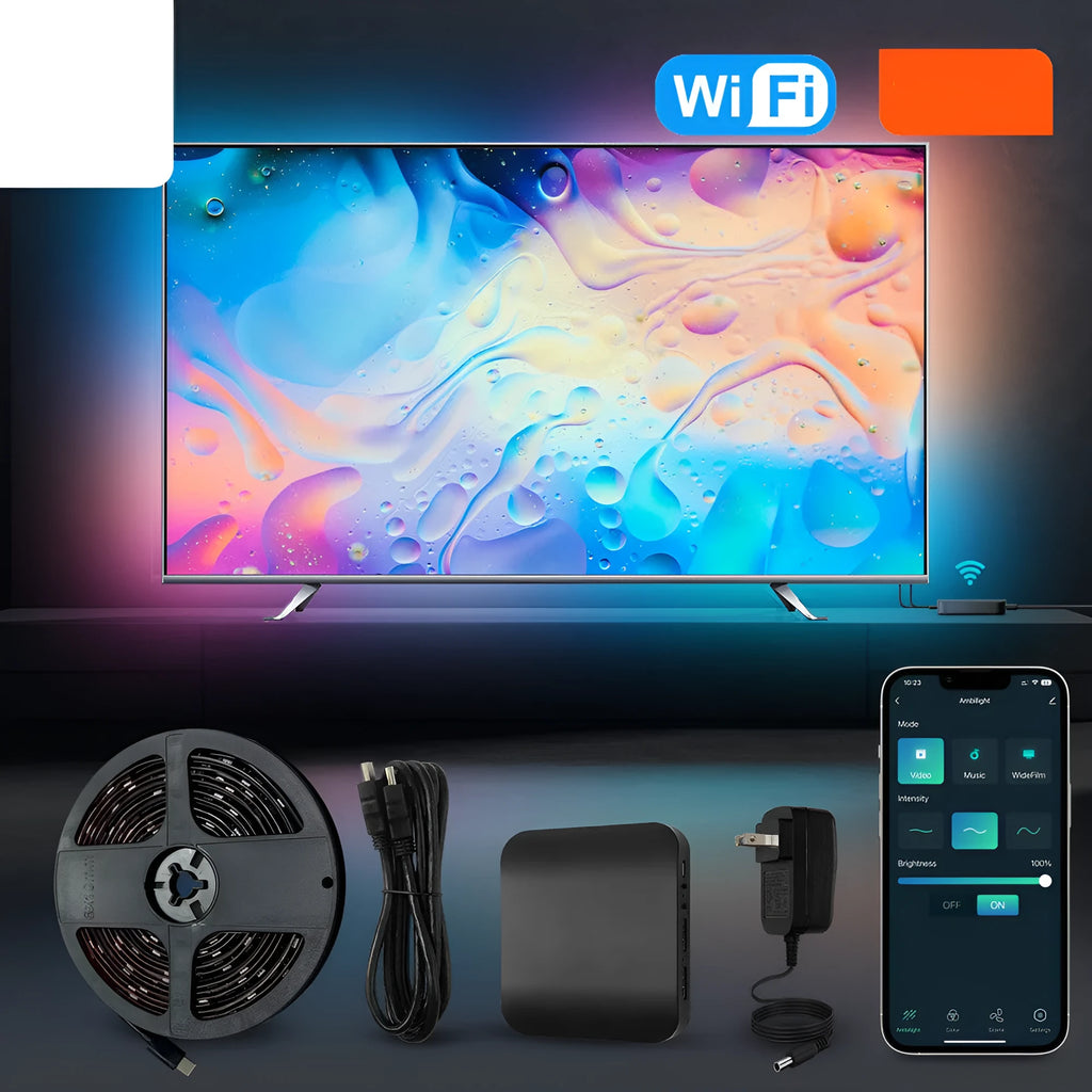 Smart waterproof LED light strip installed behind a flat-screen television for backlight ambience.
