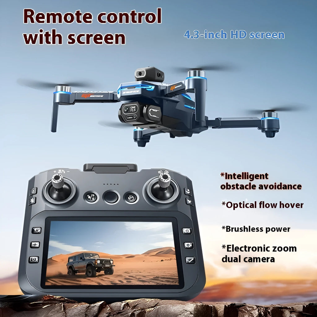 GT8 quadcopter with 4.3-inch screen controller, black plastic frame, brushless motor, optical flow hover, under 30cm size