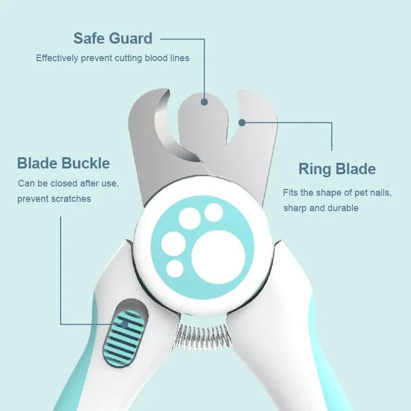 Blue and white pet nail clipper with stainless steel blades and safety stop for dogs and cats