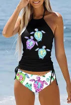 Conservative women's swimsuit with colourful split print design and briefs cut