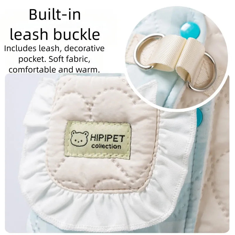 Blue thick warm heart-shaped checkered pocket pet vest dog coat with D-ring and side-buckle closure