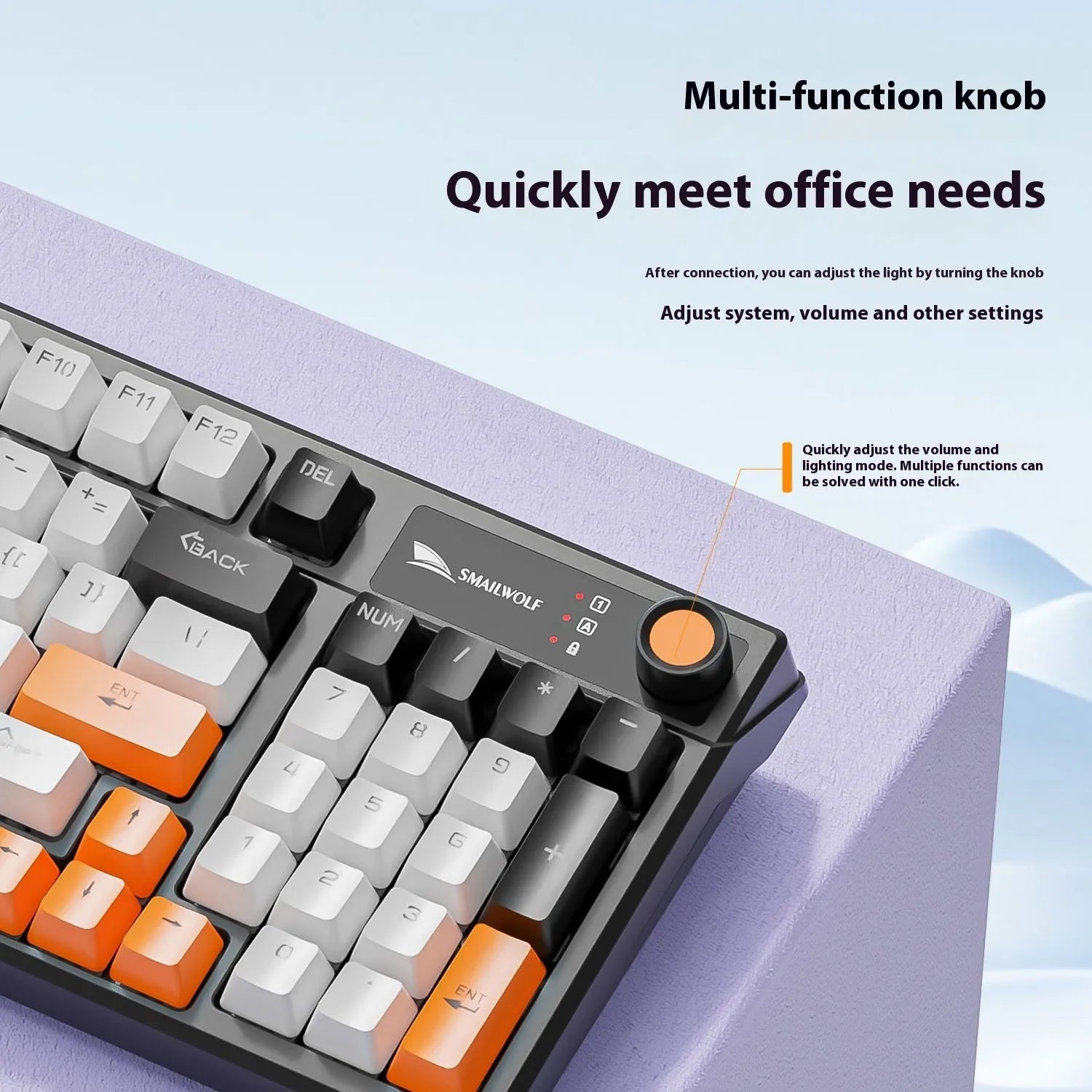 SK15 wired mechanical keyboard with volume knob in Black, Sunset Orange, or Autumn Water Blue colours