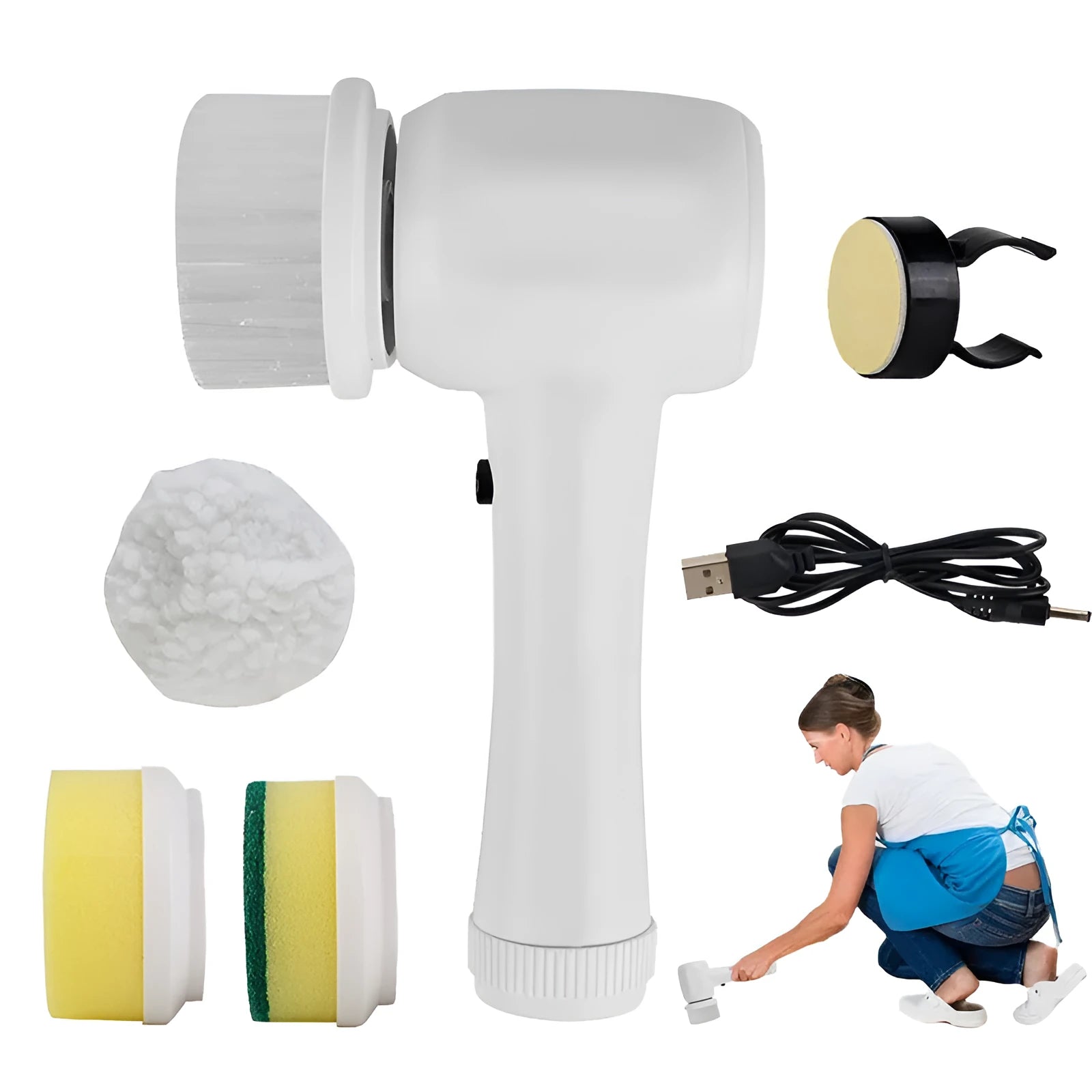 White cordless electric spinning cleaning brush with multiple brush heads on wall bracket