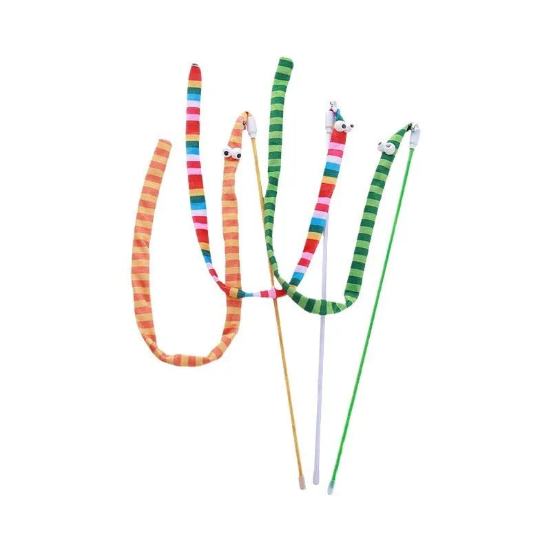 Cat wand toy with polycarbonate pole and long plush strip in vibrant colours