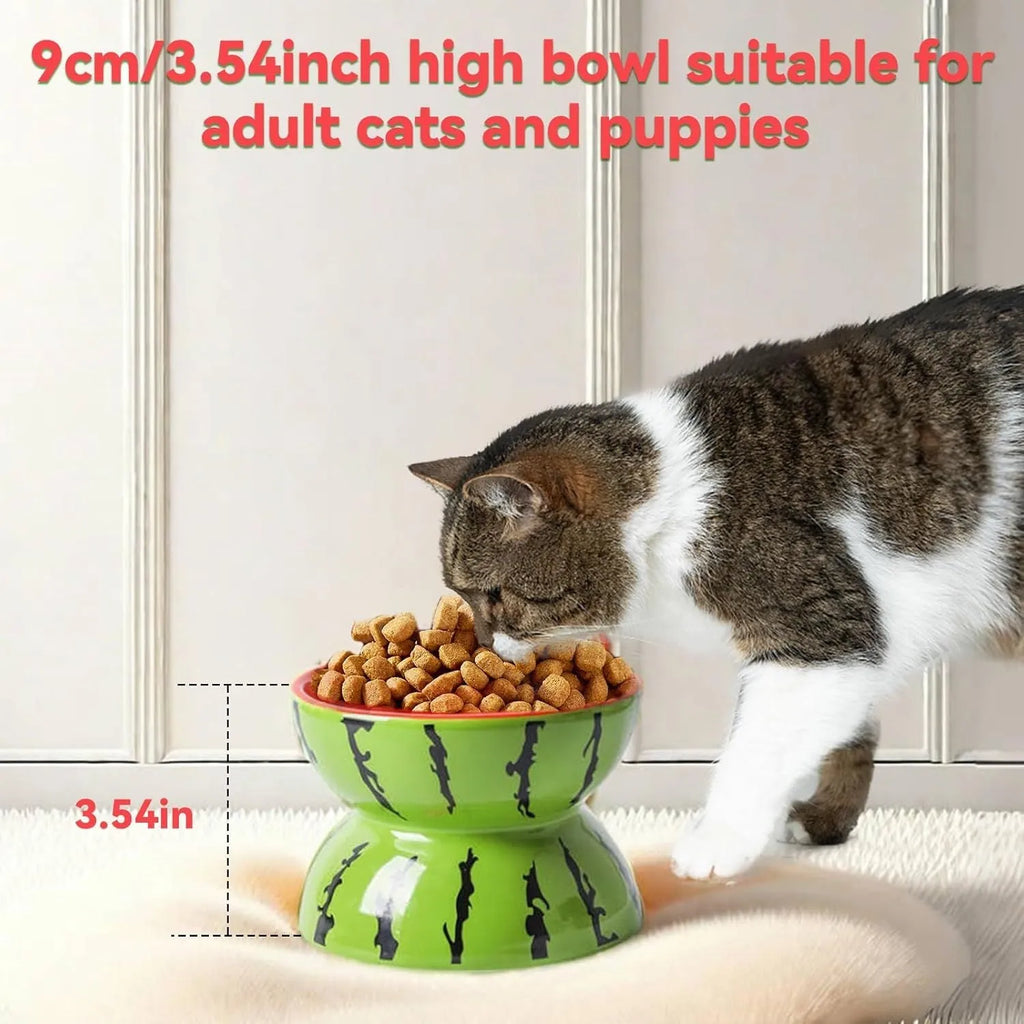 Orange patterned ceramic raised cat bowl on a tilted stand for food and water.