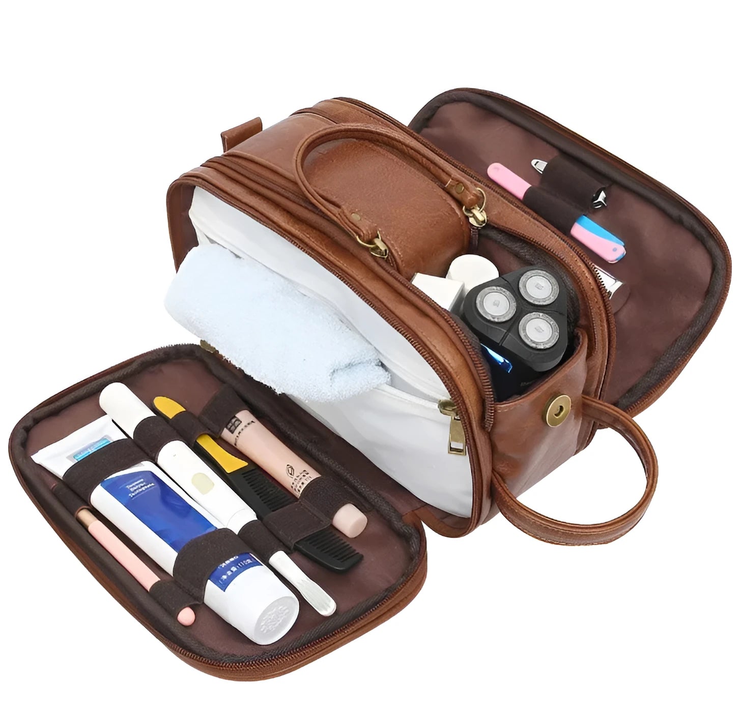 Men's black and brown solid colour waterproof PU toiletry bag with internal zip compartments