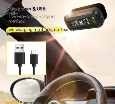 Solar wireless car tyre pressure monitoring system with colour screen display and four external sensors.