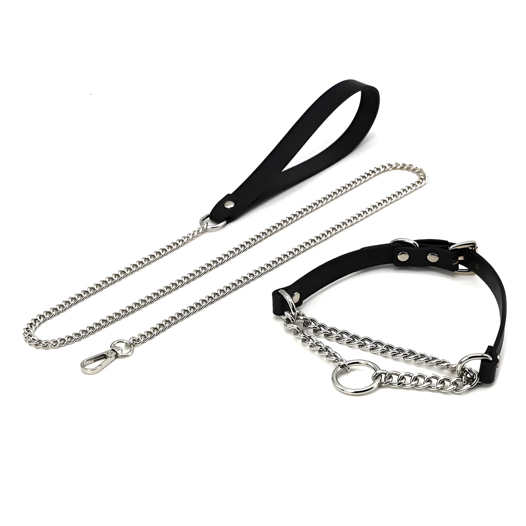 Black cowhide leather punk collar with hand grip rope adjustment and matching leash