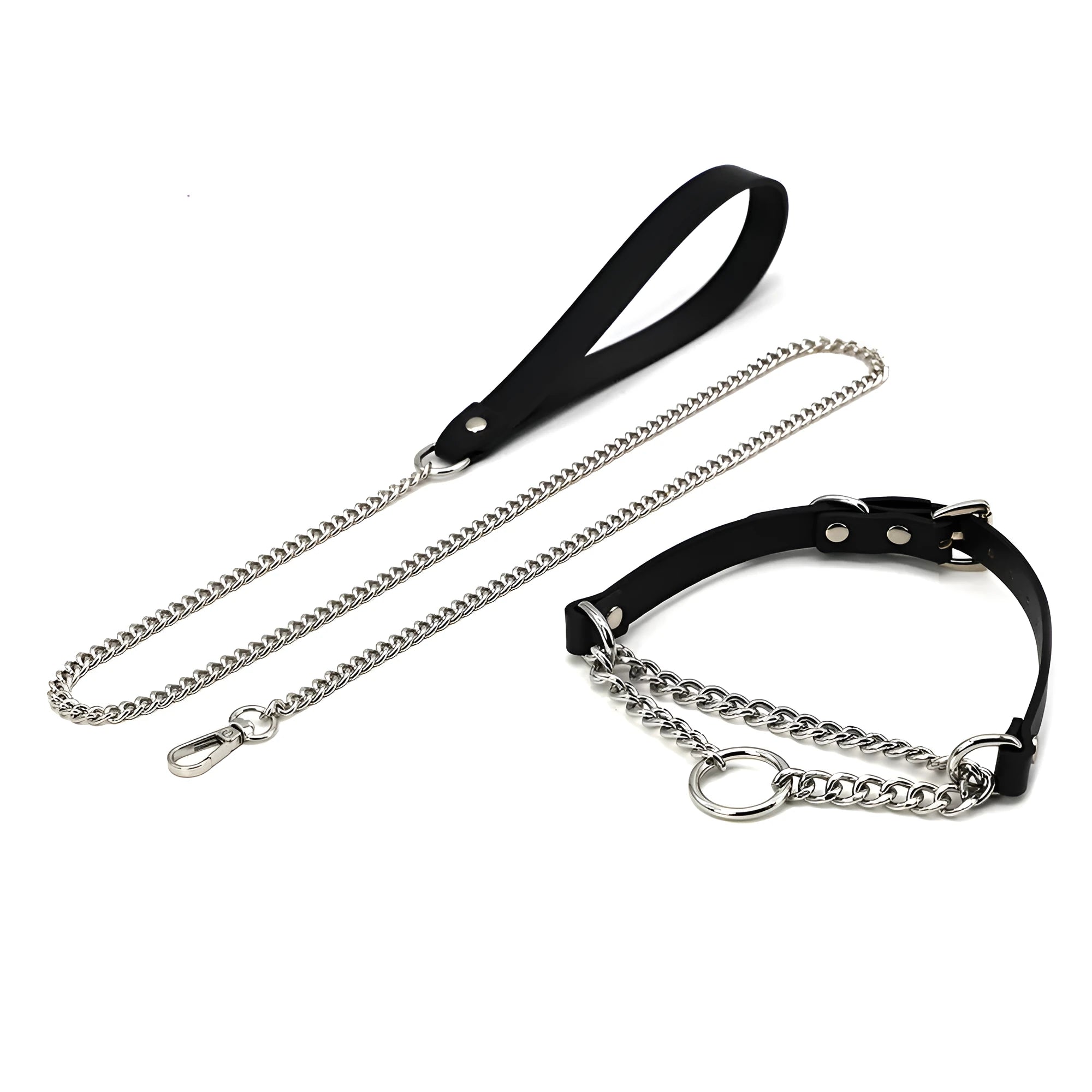 Black cowhide leather punk collar with hand grip rope adjustment and matching leash