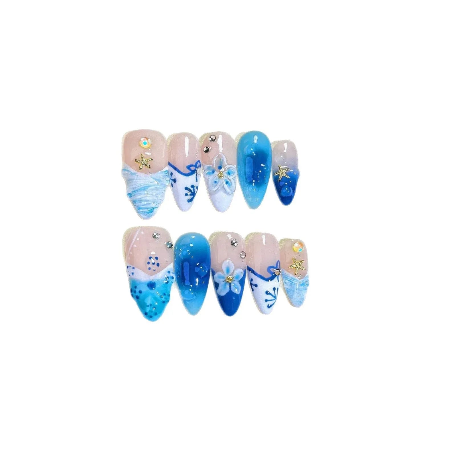 Set of blue hand-painted carved summer ice transparent plastic fake nails in XS, S, M, and L sizes.