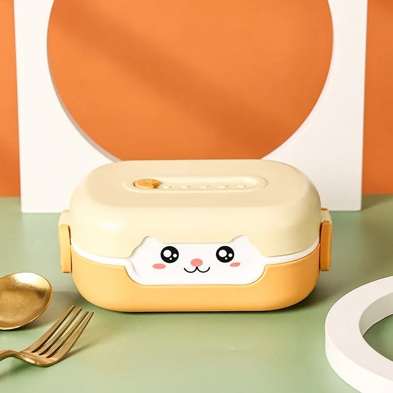 Square plastic divided lunch box in solid colours with cartoon design
