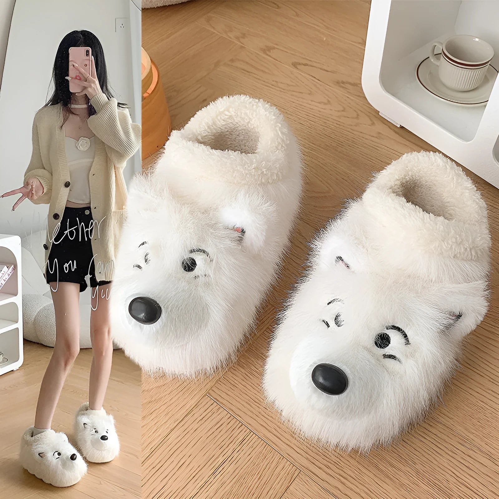 Grey ankle wrap cotton slippers with plush upper and non-slip soles for indoor home use