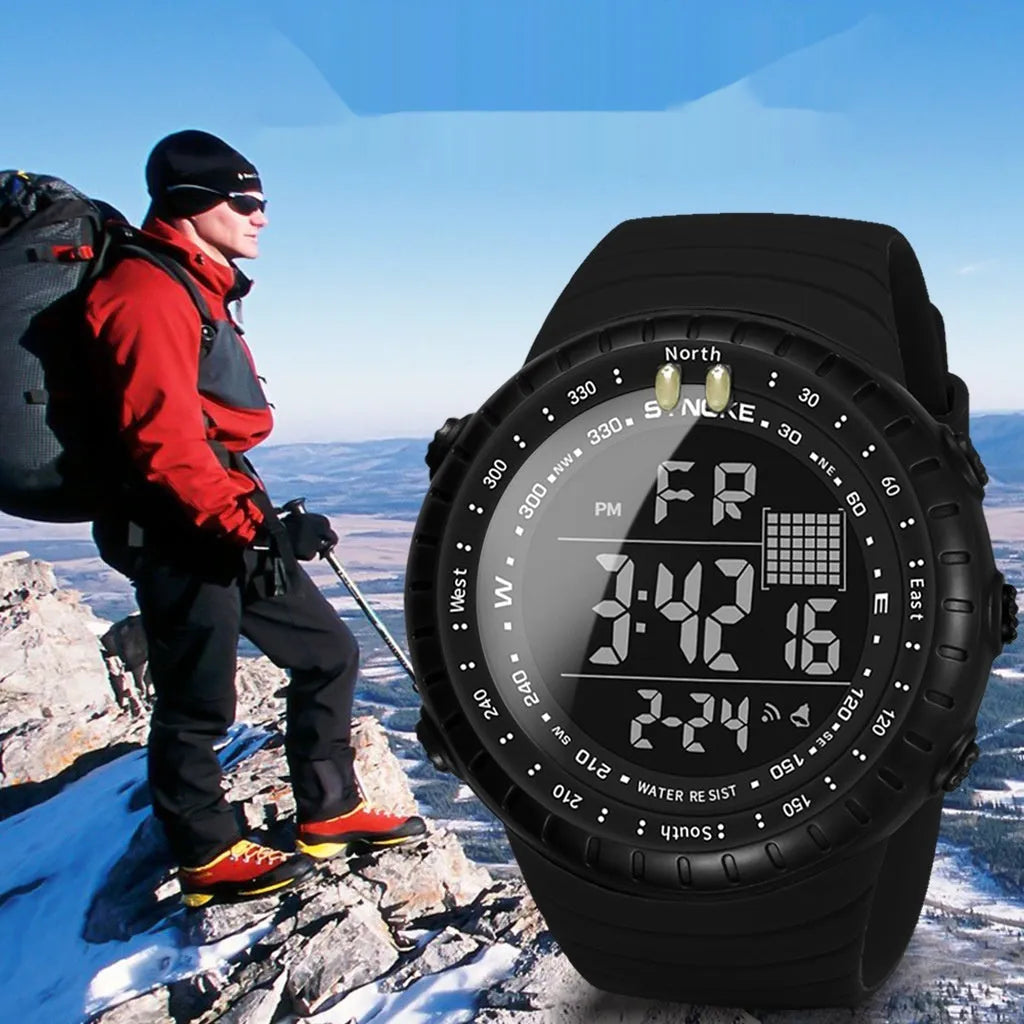 Black waterproof men's electronic watch with plastic case and PU strap showing dial detail