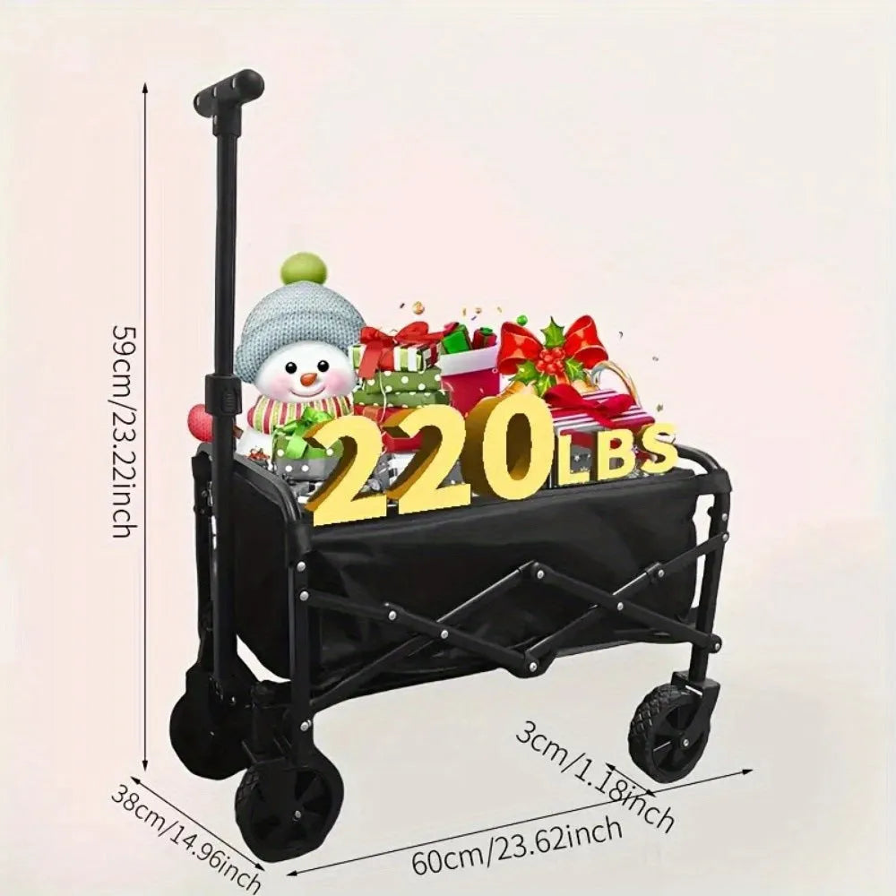 Collapsible foldable metal garden wagon cart with a 220lb load capacity shown in open and folded positions.