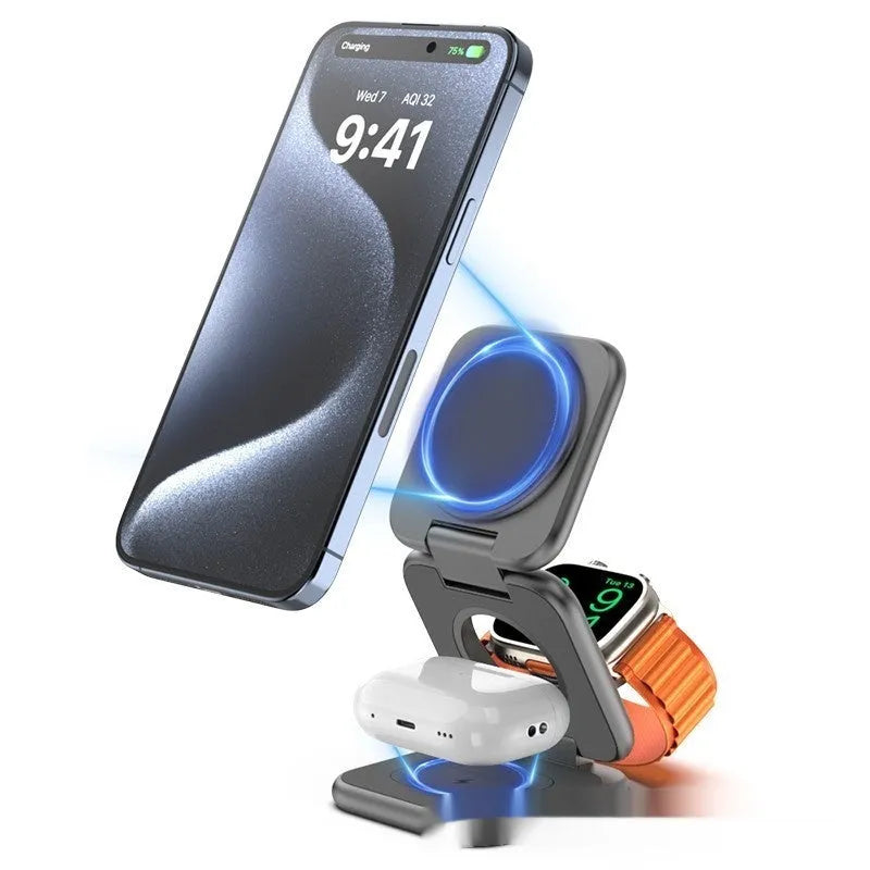 White foldable magnetic wireless charger and phone holder on a desk