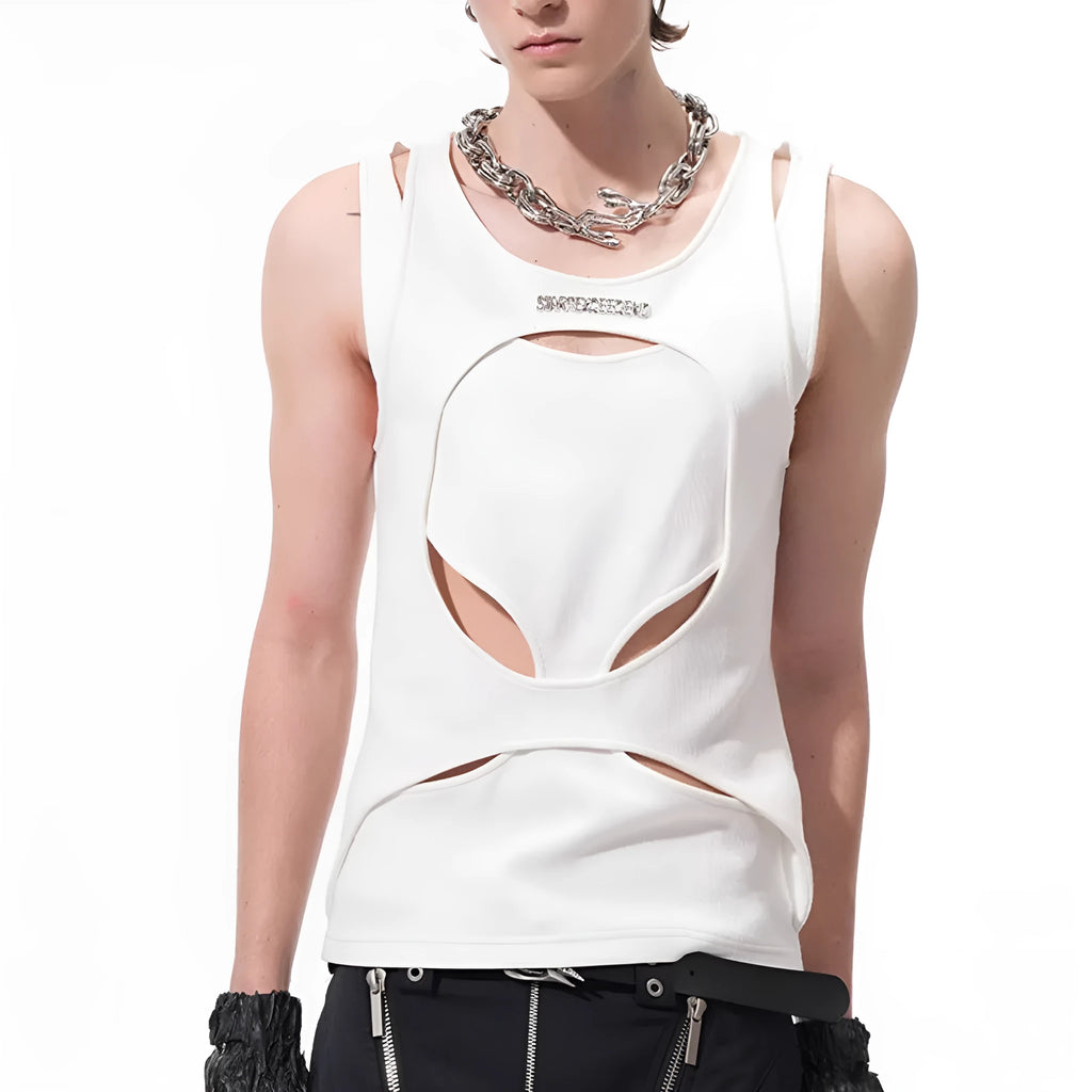 Man wearing a loose-fitting black sleeveless waistcoat with a round neck, made from a lightweight hollow thread fabric.