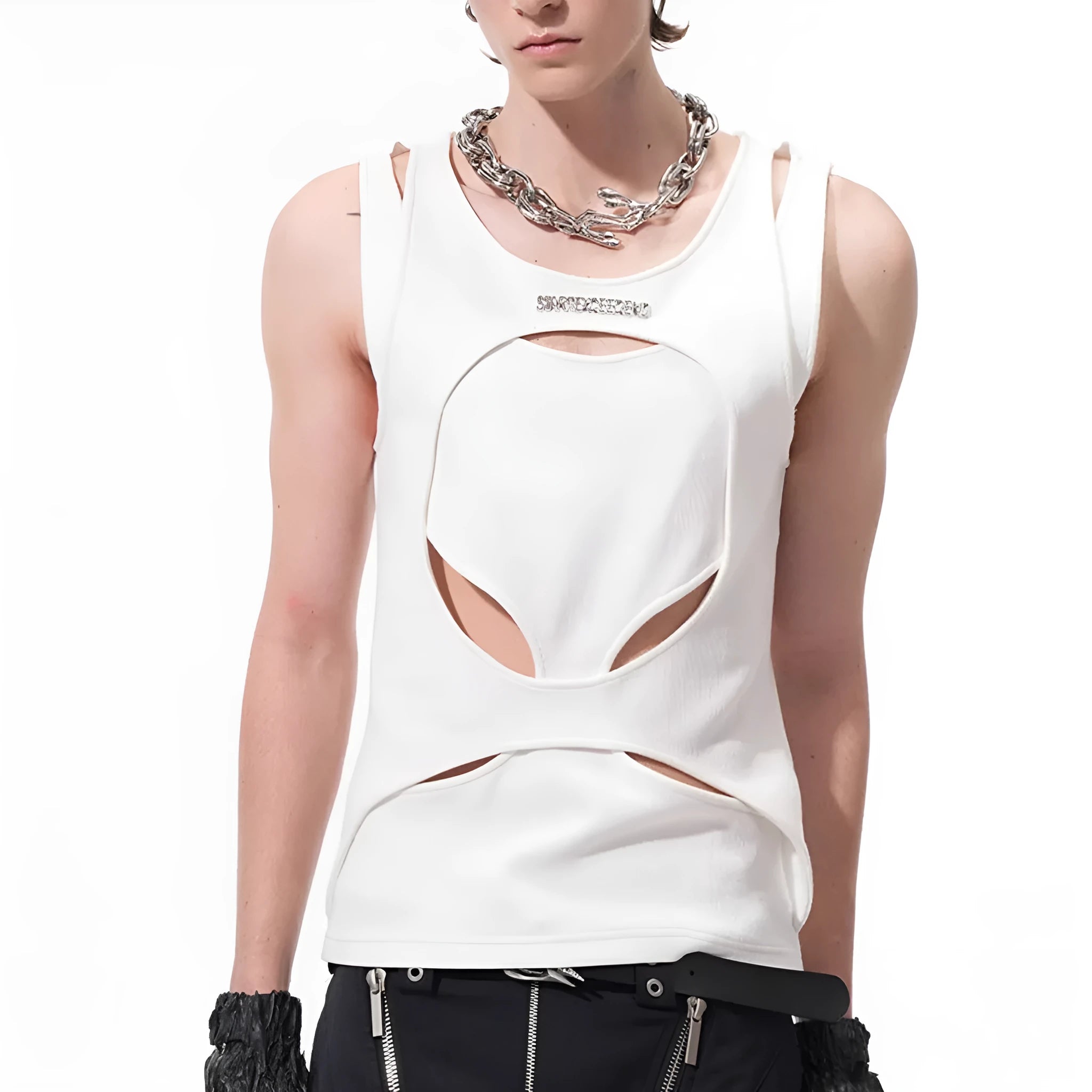 Man wearing a loose-fitting black sleeveless waistcoat with a round neck, made from a lightweight hollow thread fabric.