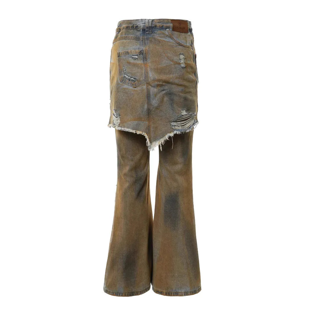 Loose fit bootcut jeans with high waist and button fly in micro-elastic cotton denim fabric