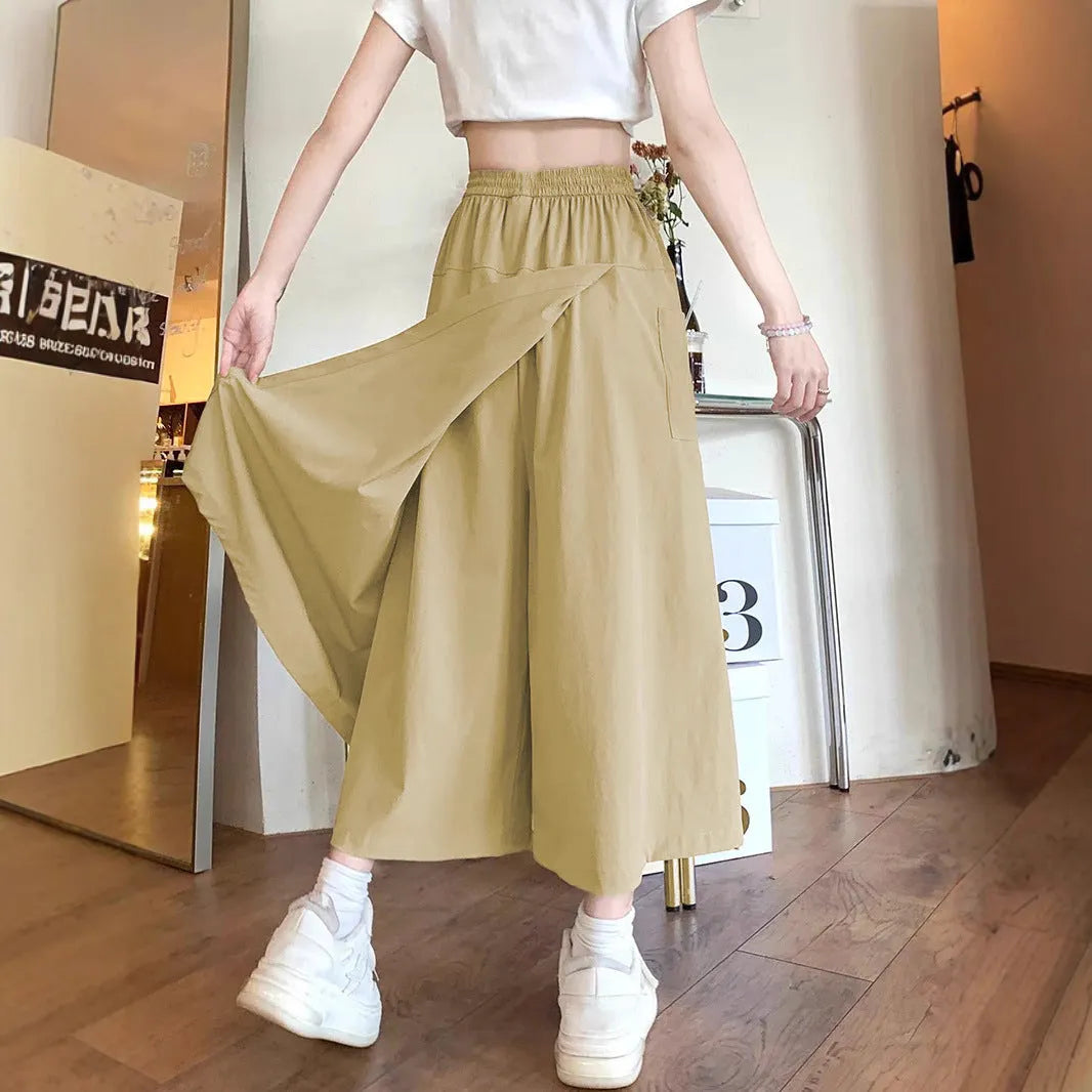 Women's camel colour wide leg casual skirt with elastic waist and drape silhouette