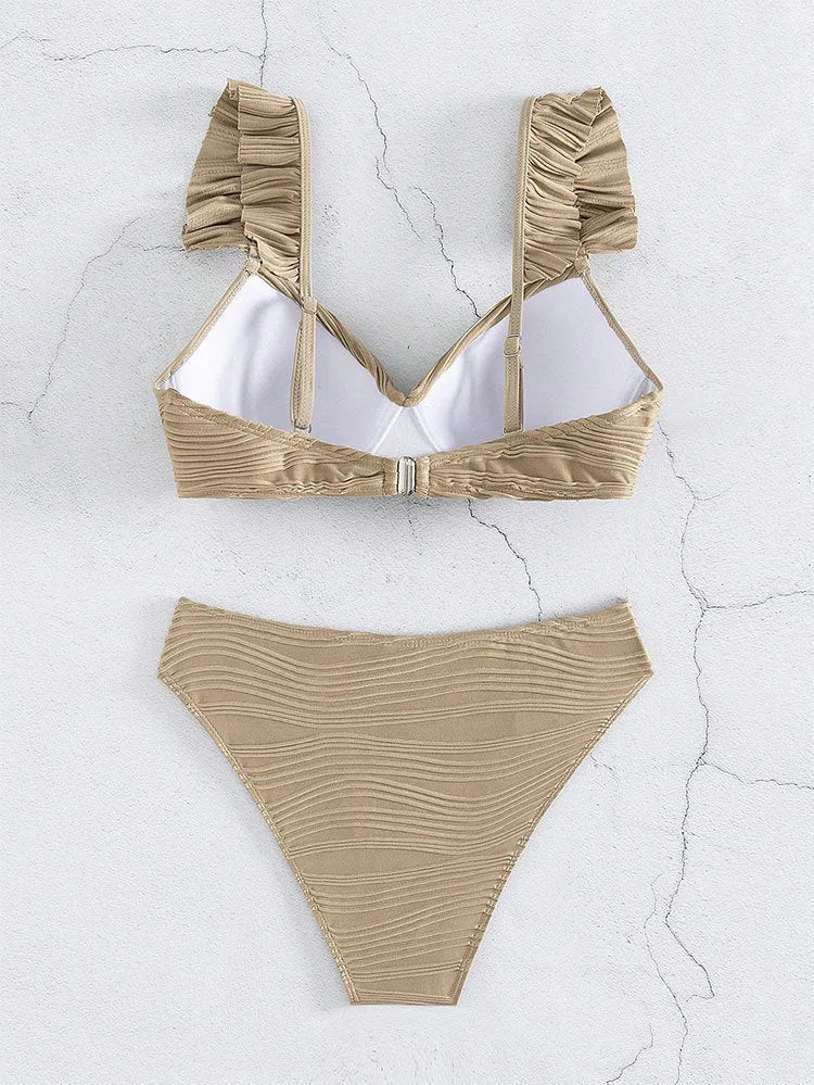 Solid colour women's bikini swimsuit set in black or khaki, made from polyester fabric.