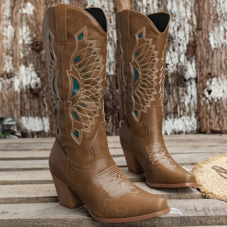 Embroidered square head knight boots for women in camel with mid heel and artificial PU upper