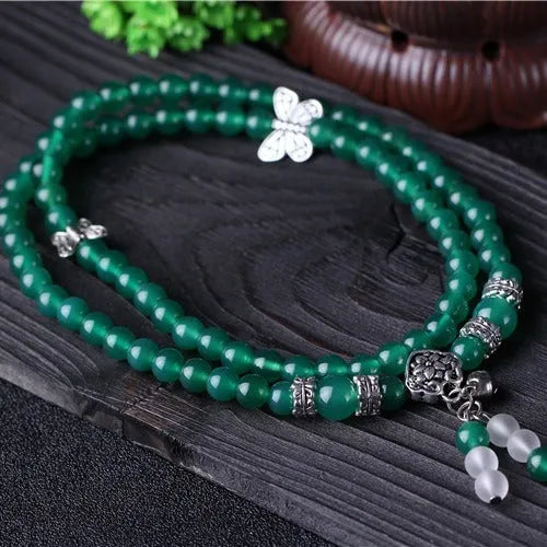 Green agate multi-layer bracelet with three circle strands and adjustable chain closure