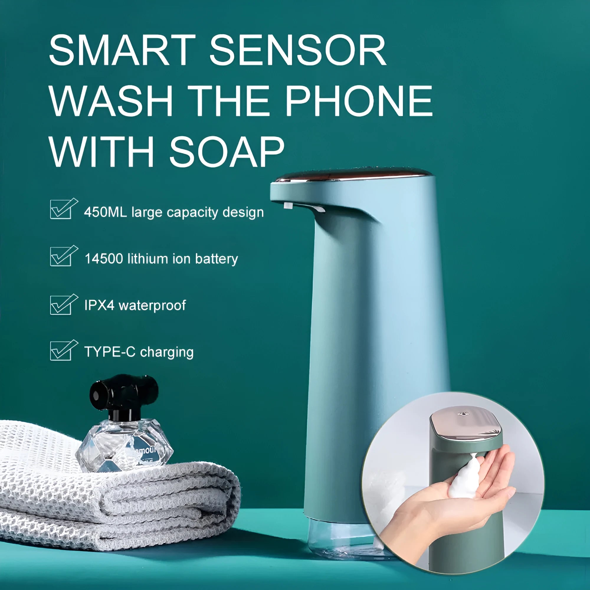 White automatic foam soap dispenser with sensor for touch-free operation on bathroom counter